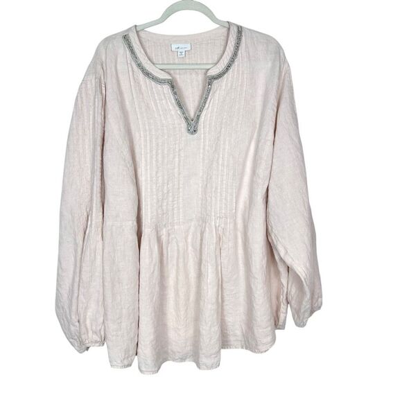 J. Jill Blouse Womens 4X Pink Cream Long Sleeve Pleated Linen Beaded Tunic Top - Picture 1 of 16